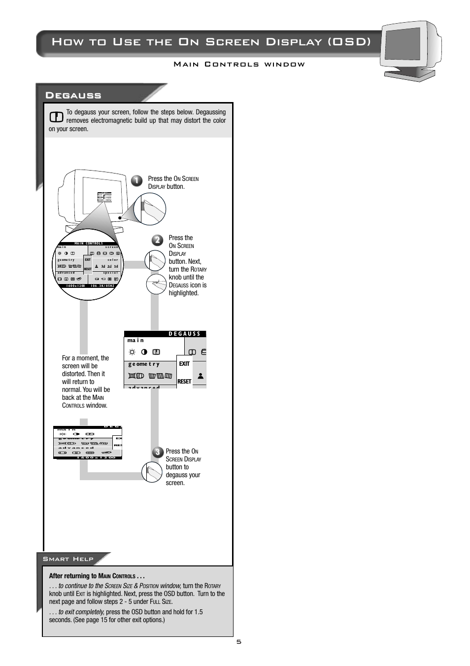 How to use the on screen display (osd), Deg aus aus s s, Smart help | Philips 21B582BH User Manual | Page 6 / 20