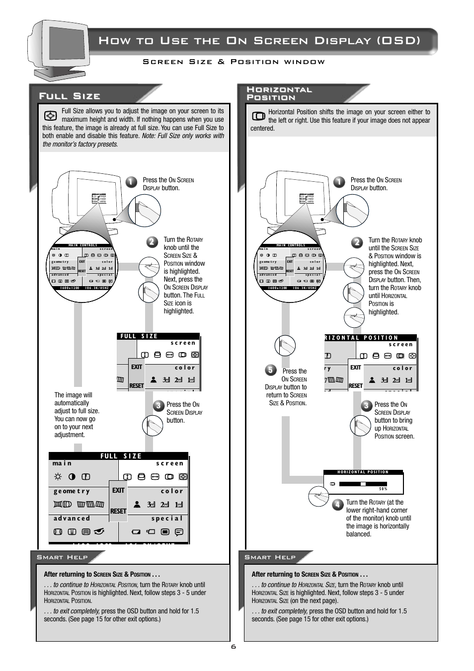 How to use the on screen display (osd), Full size ull size, Horizont | Horizont al al posit posit ion ion, Smart help | Philips 21B582BH User Manual | Page 7 / 20