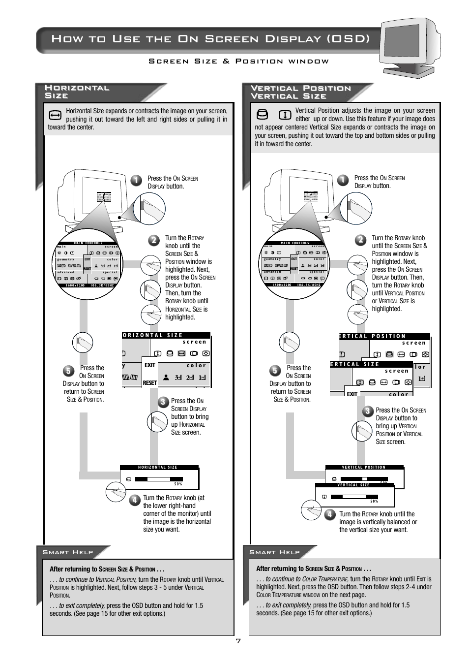 How to use the on screen display (osd), Horizont, Horizont al al size size | Philips 21B582BH User Manual | Page 8 / 20