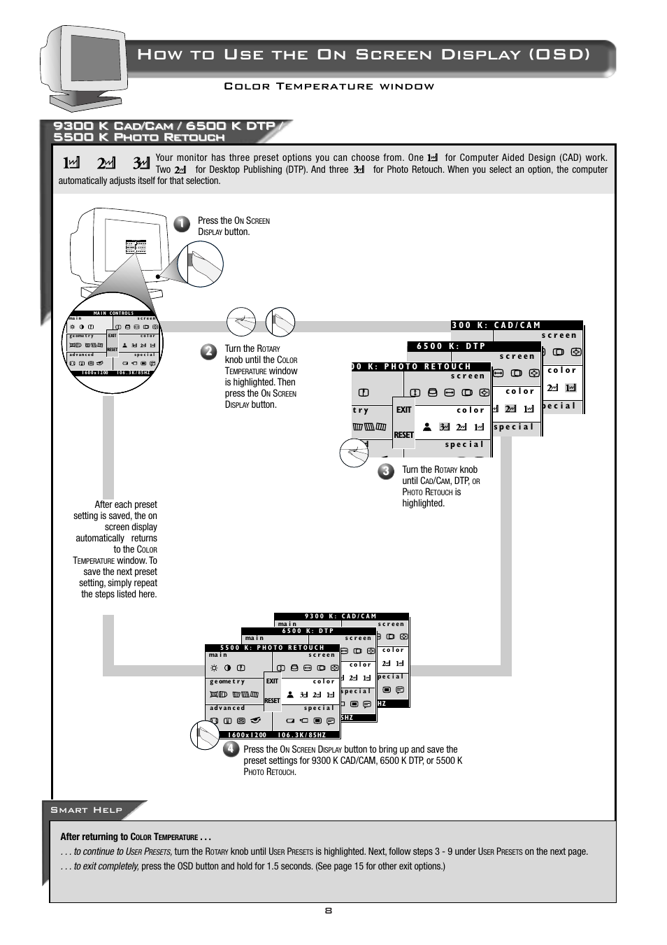 How to use the on screen display (osd), Color temperature window, Smart help | Philips 21B582BH User Manual | Page 9 / 20