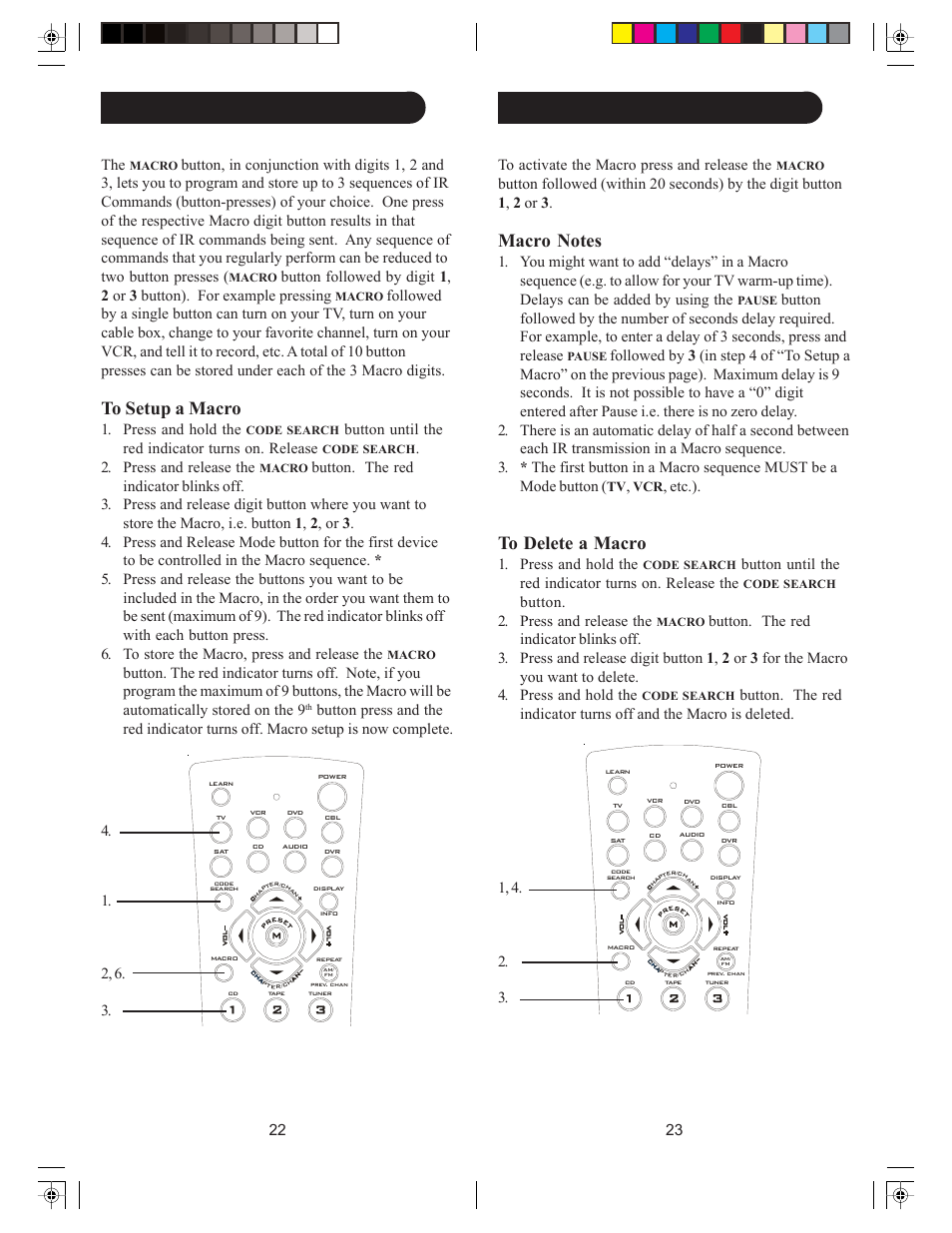 Macros, cont. macros, 23 22 to activate the macro press and release the, Etc.) | Press and hold the, Button. 2. press and release the, Button until the red indicator turns on. release, Press and release the | Philips PHDVR8L User Manual | Page 12 / 38