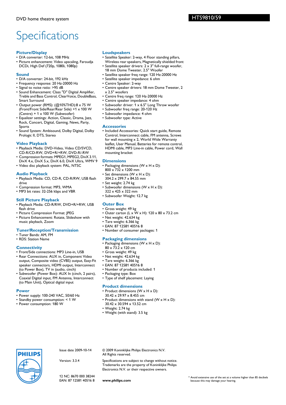 Specifications | Philips HTS9810/59 User Manual | Page 3 / 3