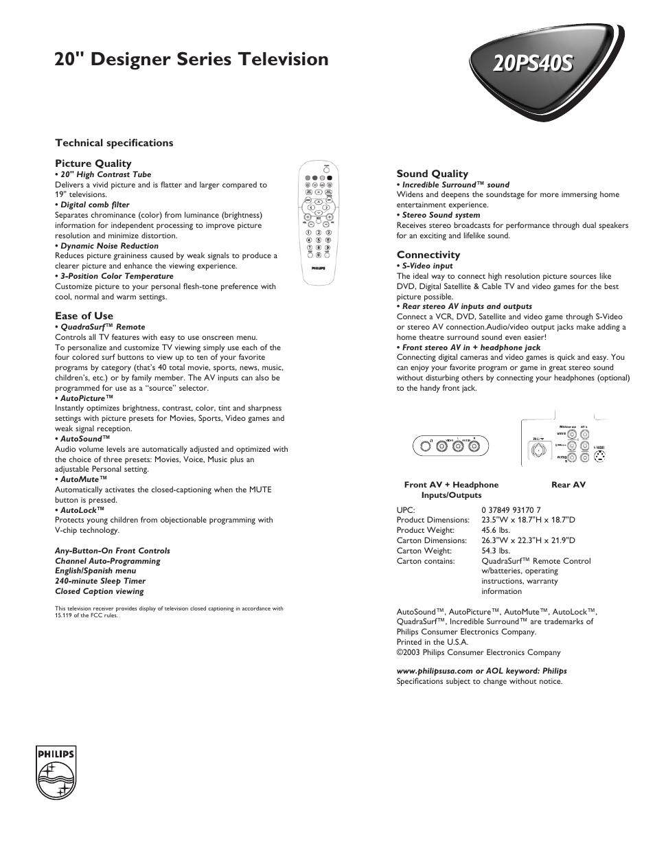 20ps40s, 20" designer series television | Philips 20PS40S User Manual | Page 2 / 2