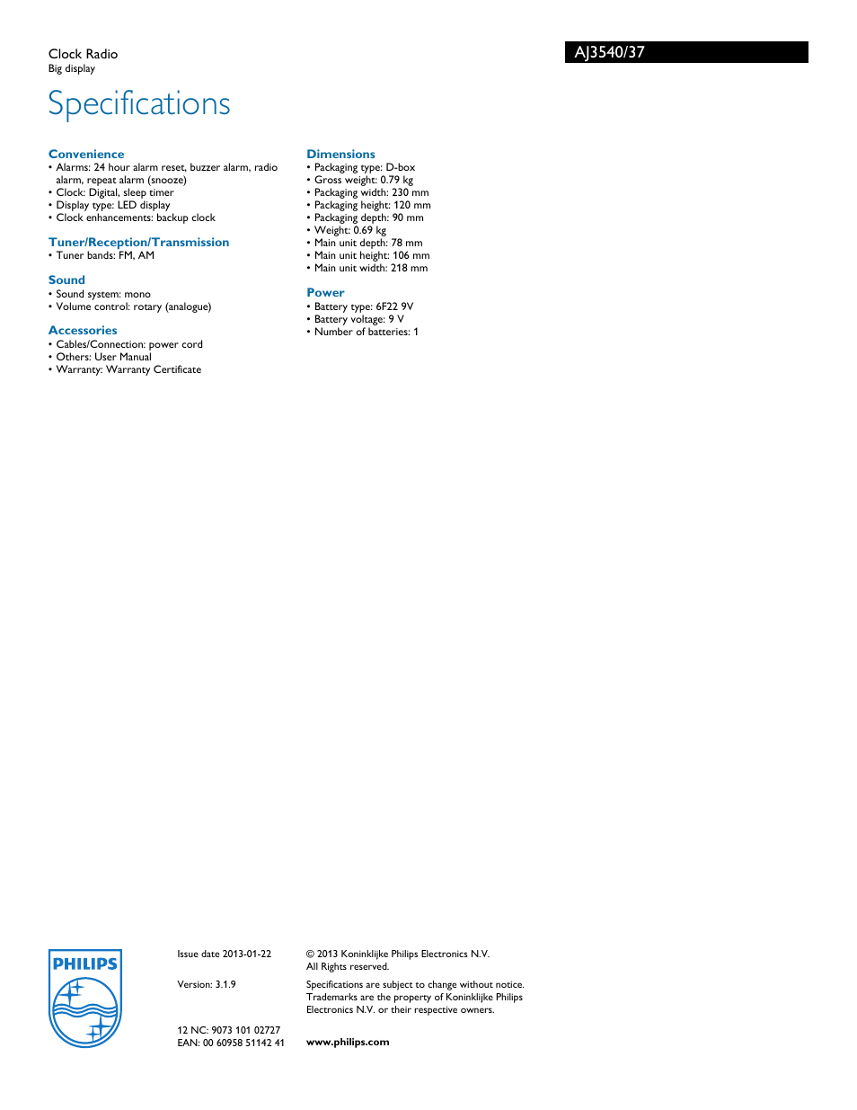 Specifications | Philips AAJ3540 User Manual | Page 3 / 3