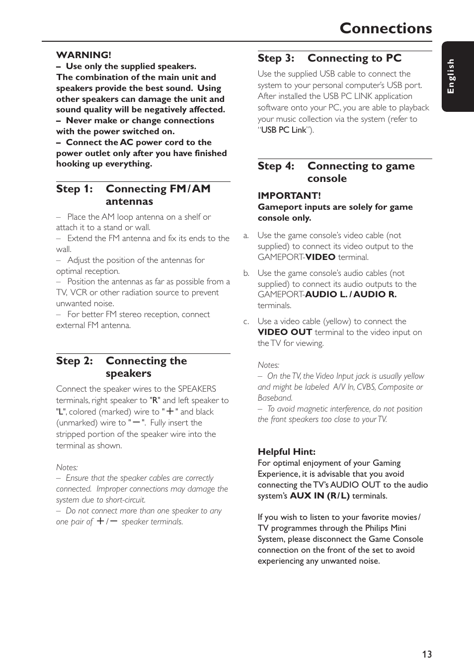 Connections | Philips FWC579 User Manual | Page 13 / 28