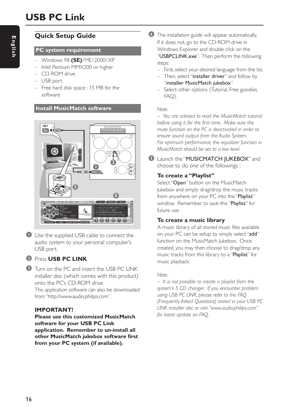 Usb pc link | Philips FWC579 User Manual | Page 16 / 28