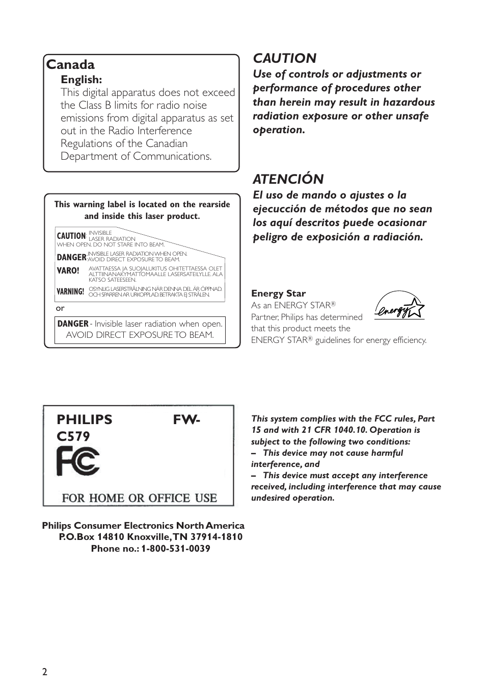 Canada, Caution, Atención | Philips fw- c579, Tested to comply with fcc standards | Philips FWC579 User Manual | Page 2 / 28