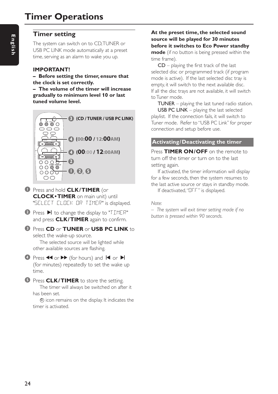 Timer operations, Timer setting | Philips FWC579 User Manual | Page 24 / 28