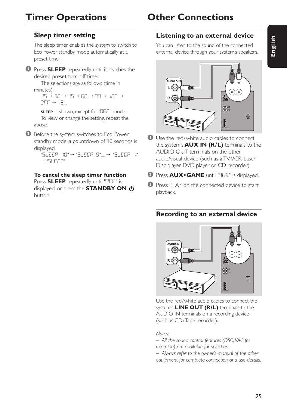 Timer operations other connections, Listening to an external device, Recording to an external device | Sleep timer setting | Philips FWC579 User Manual | Page 25 / 28