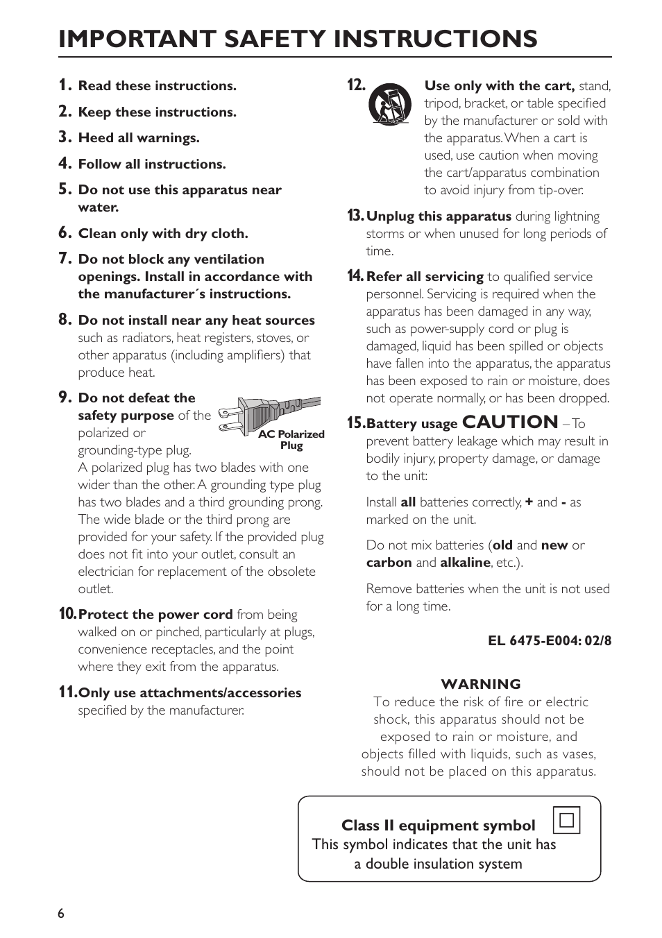 Important safety instructions, Caution | Philips FWC579 User Manual | Page 6 / 28
