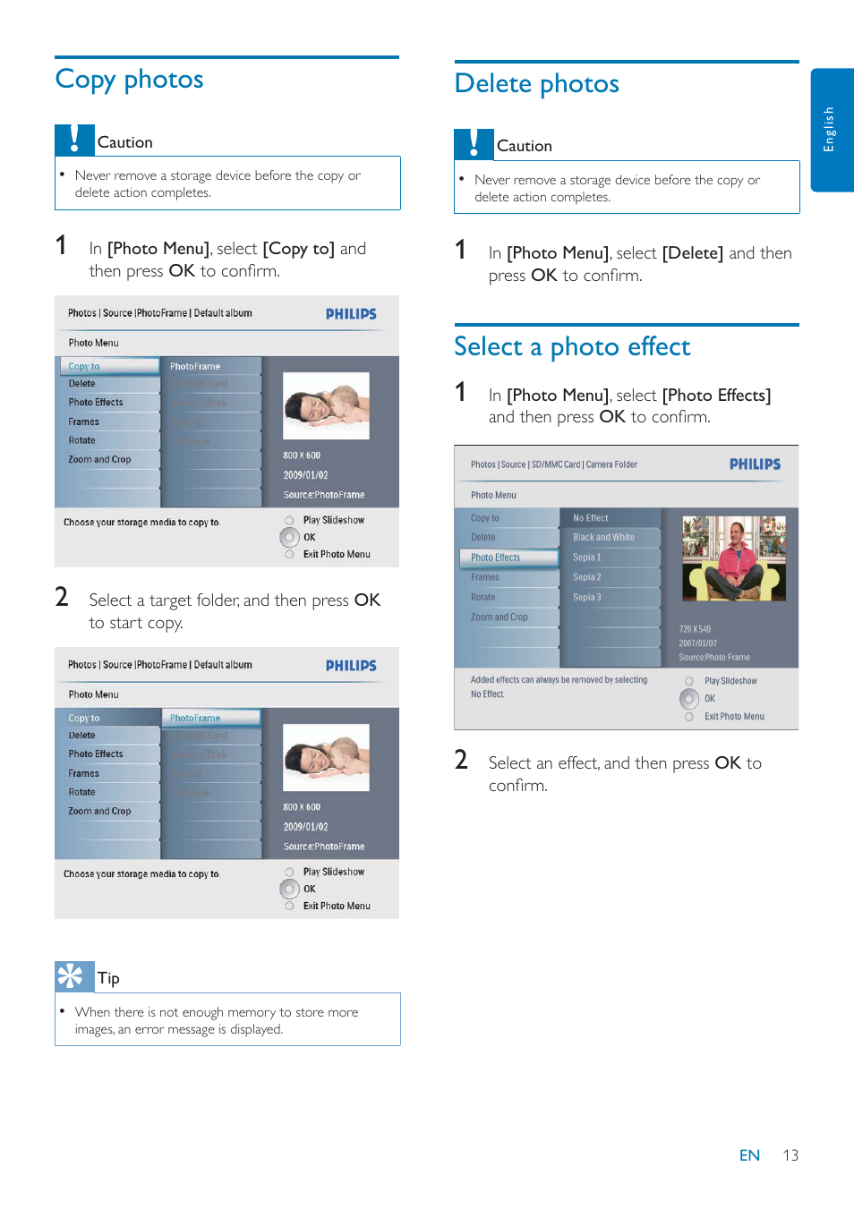 Copy photos, Delete photos, Select a photo effect 1 | Philips SPF2047 User Manual | Page 14 / 37