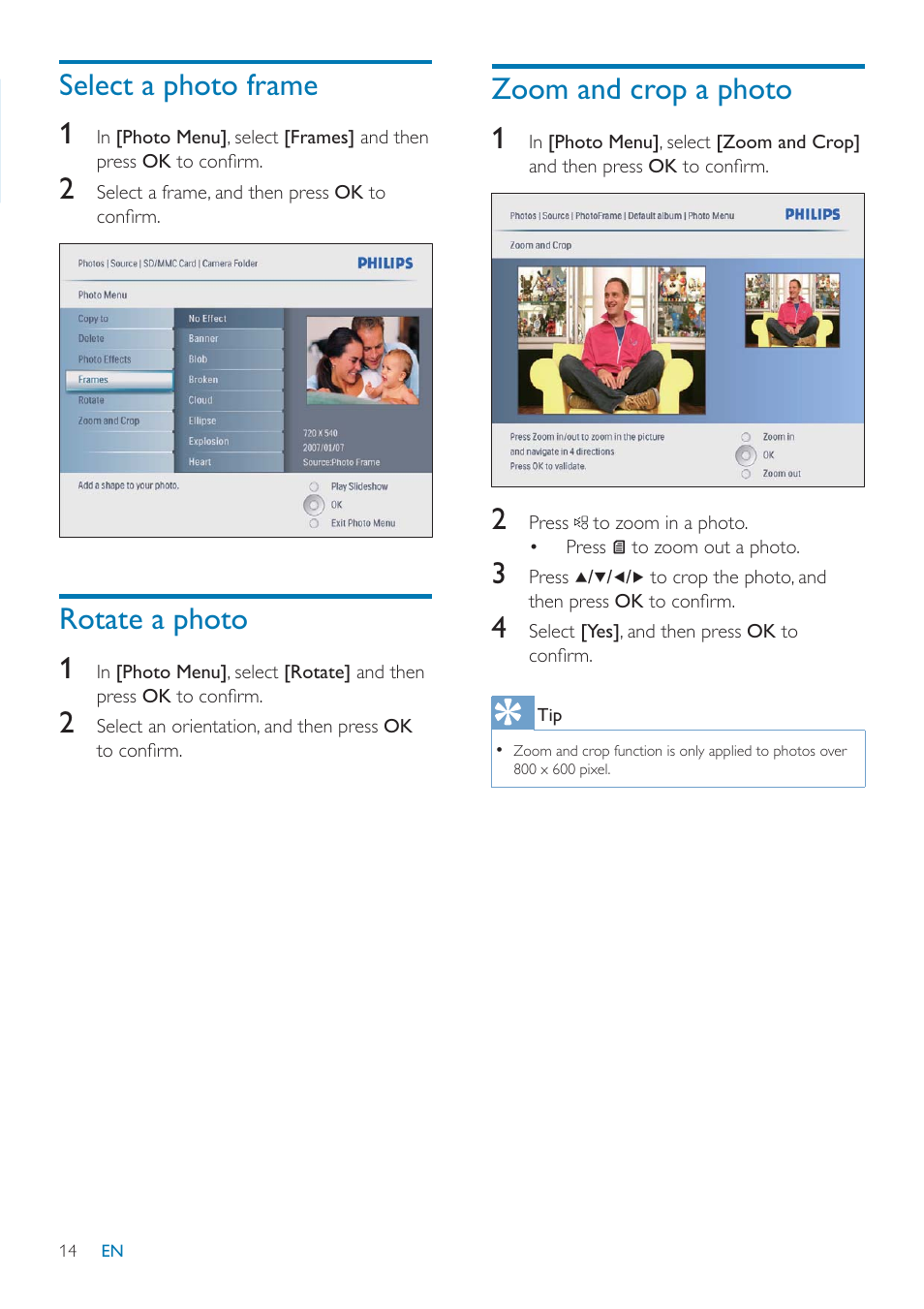 Select a photo frame 1, Rotate a photo 1, Zoom and crop a photo 1 | Philips SPF2047 User Manual | Page 15 / 37