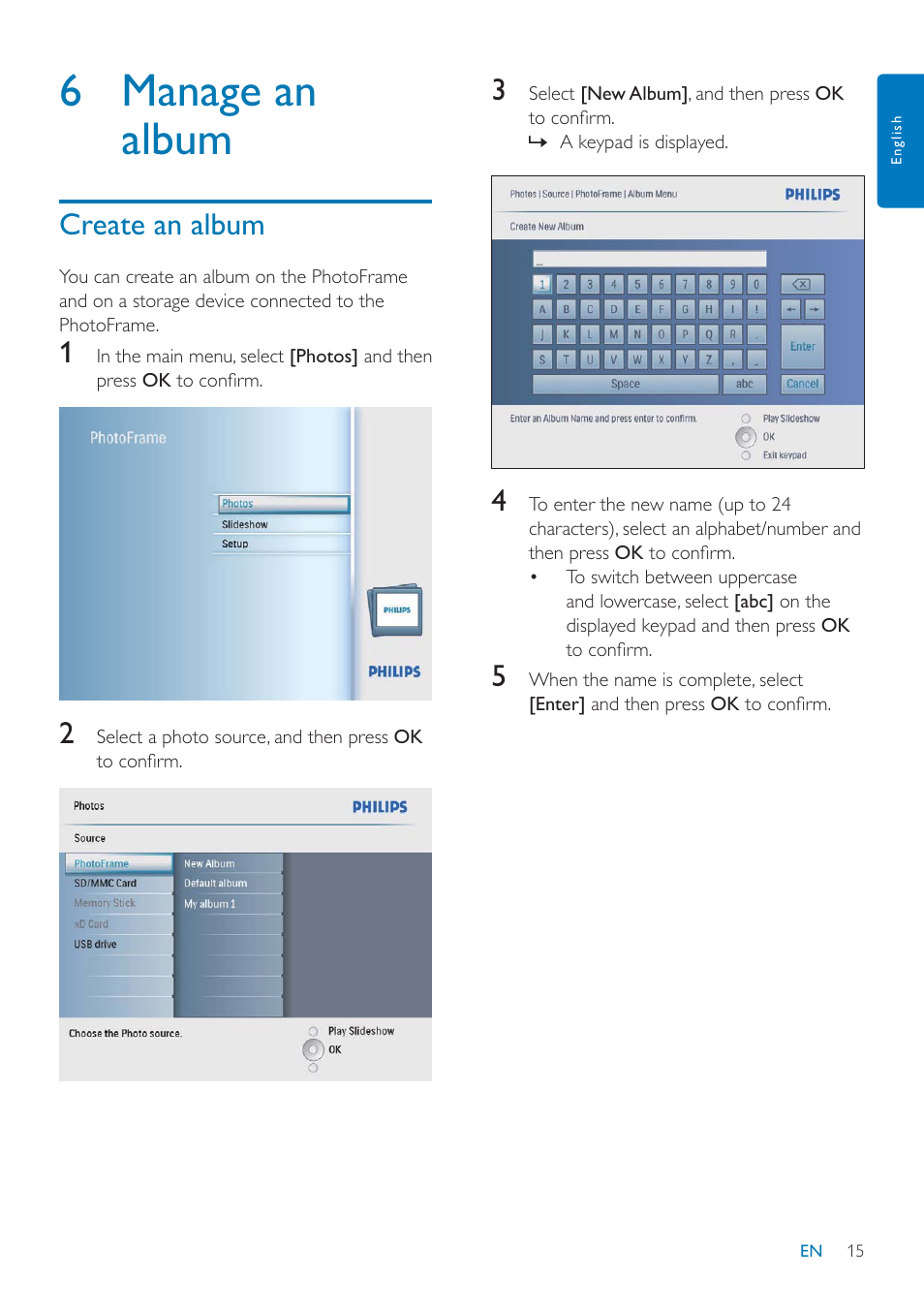 6 manage an album, Create an album | Philips SPF2047 User Manual | Page 16 / 37