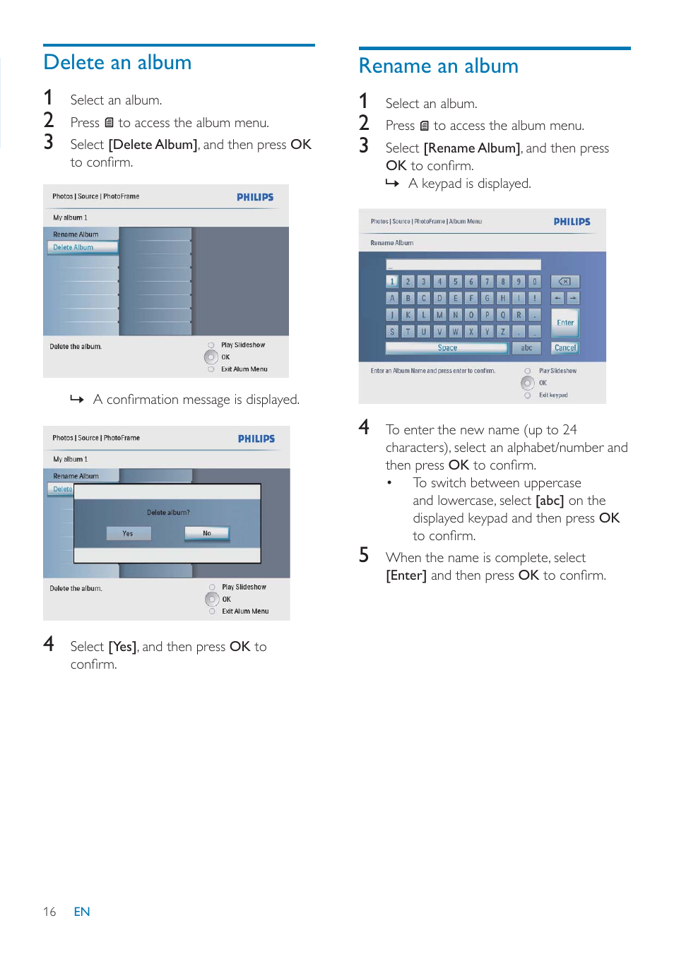 Delete an album 1, Rename an album 1 | Philips SPF2047 User Manual | Page 17 / 37