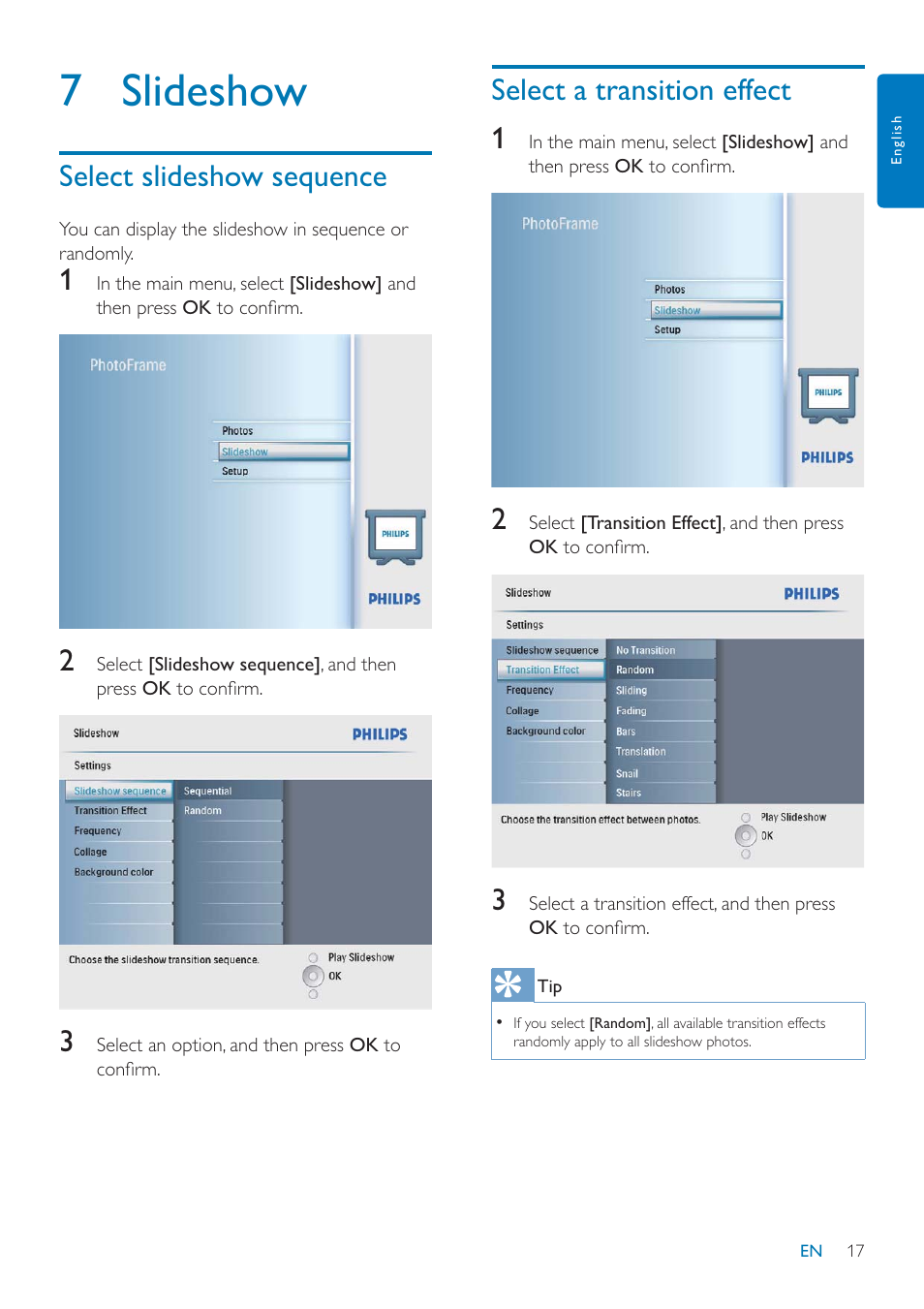 7 slideshow, Select slideshow sequence, Select a transition effect 1 | Philips SPF2047 User Manual | Page 18 / 37