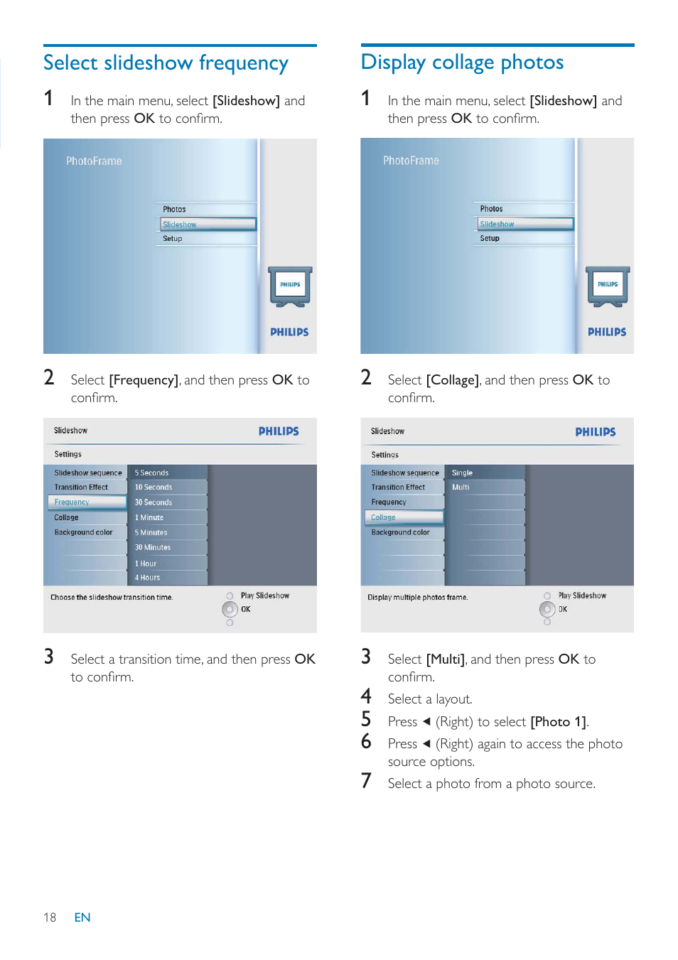 Select slideshow frequency 1, Display collage photos 1 | Philips SPF2047 User Manual | Page 19 / 37