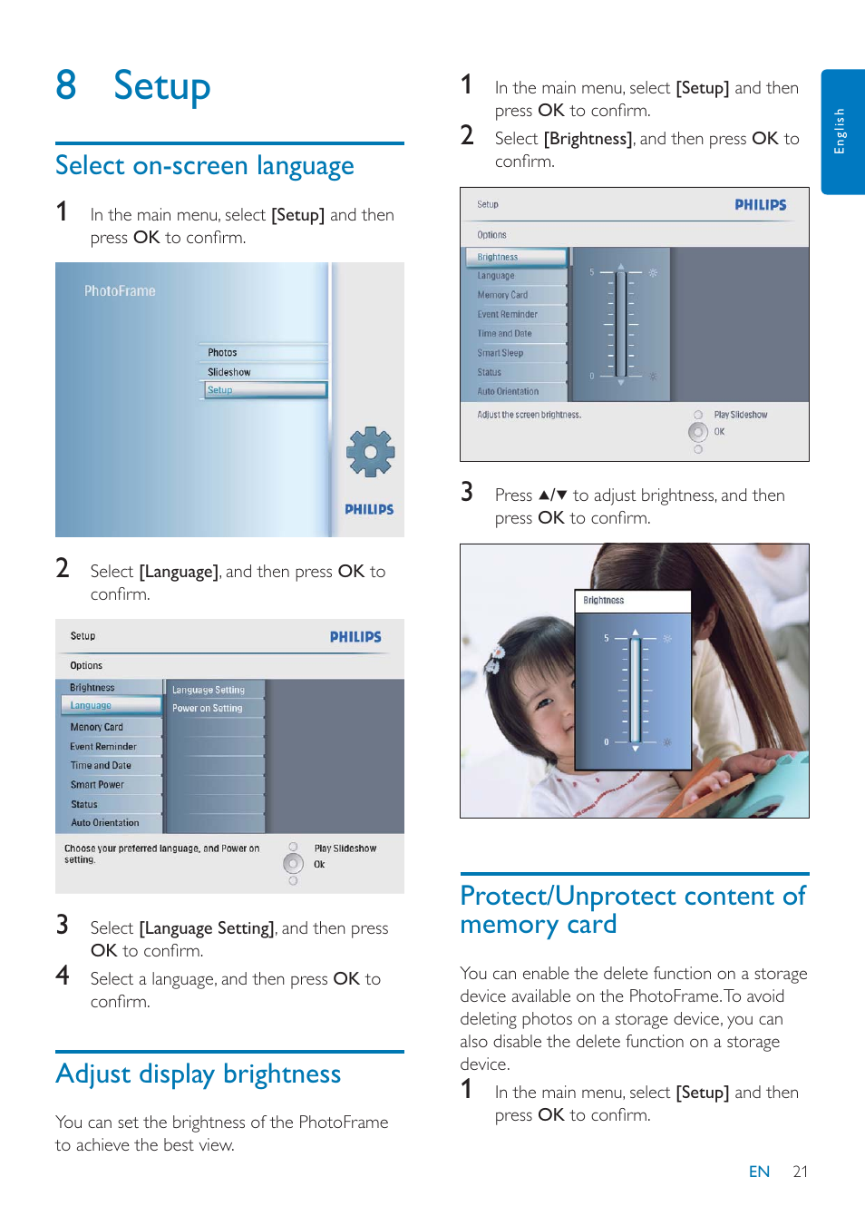 8 setup, Select on-screen language 1, Adjust display brightness | Philips SPF2047 User Manual | Page 22 / 37