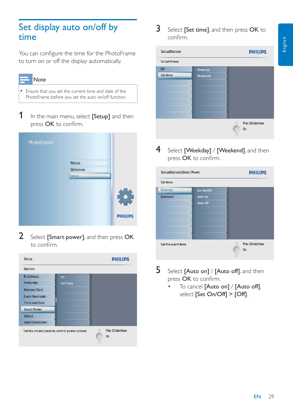 Set display auto on/off by time | Philips SPF2047 User Manual | Page 30 / 37