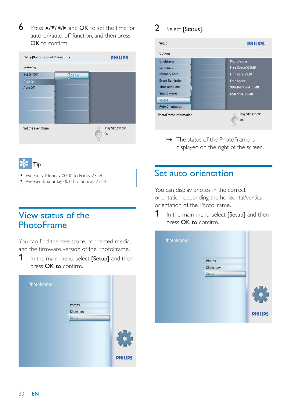 Set auto orientation, View status of the photoframe | Philips SPF2047 User Manual | Page 31 / 37