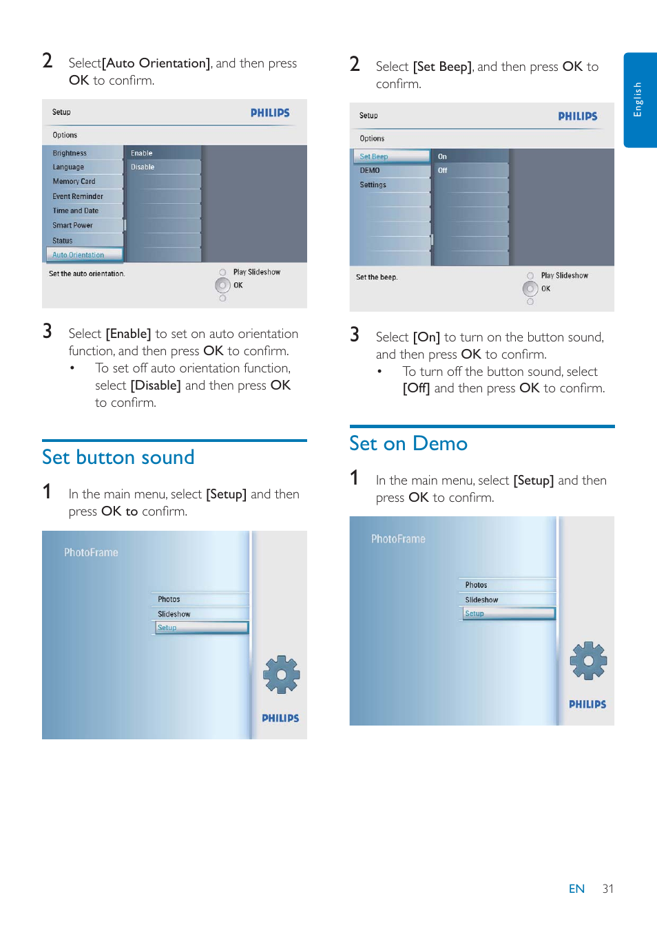 Set on demo 1, Set button sound 1 | Philips SPF2047 User Manual | Page 32 / 37