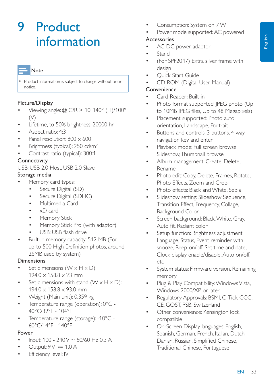 9 product information | Philips SPF2047 User Manual | Page 34 / 37