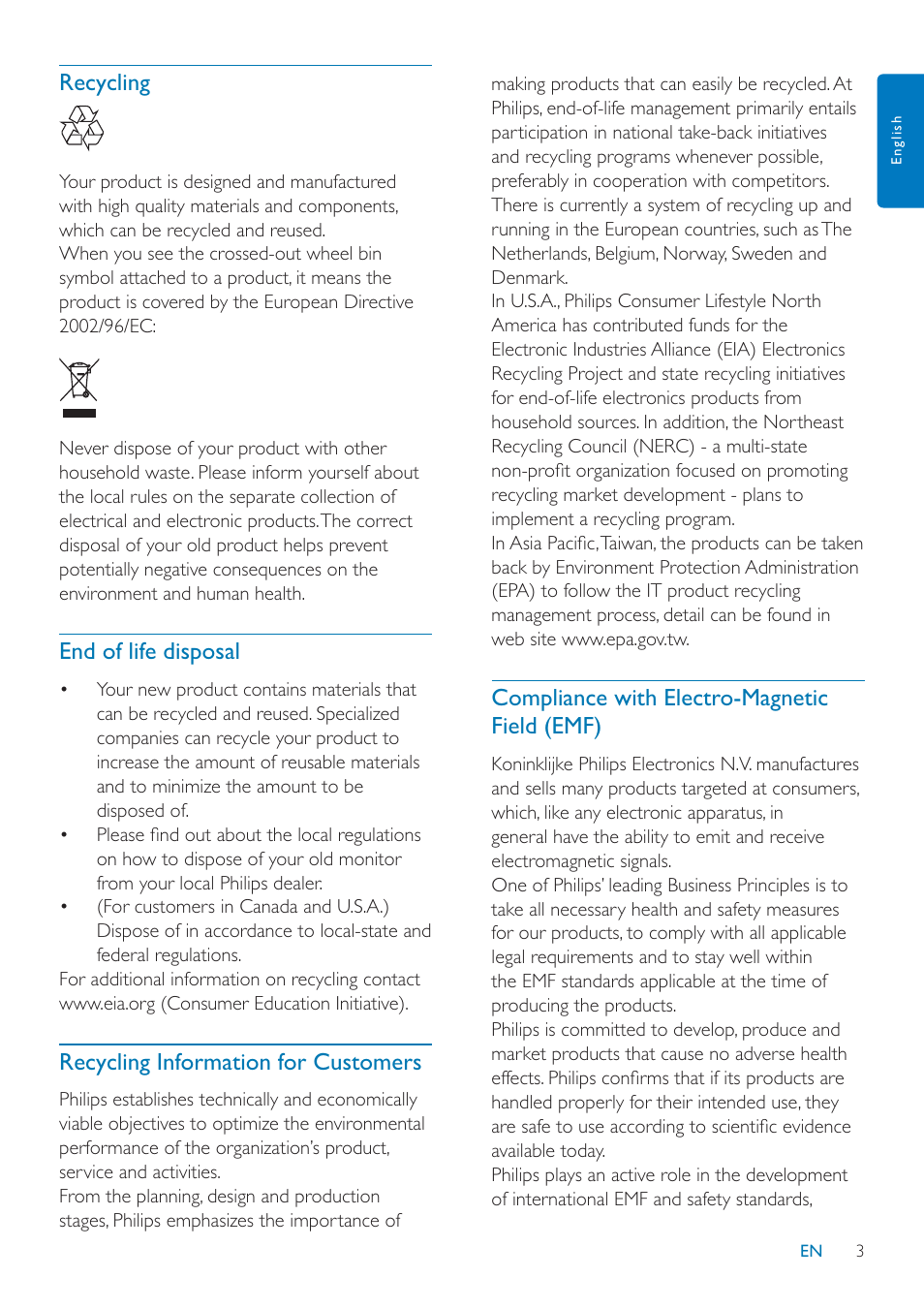 Recycling, End of life disposal, Recycling information for customers | Compliance with electro-magnetic field (emf) | Philips SPF2047 User Manual | Page 4 / 37