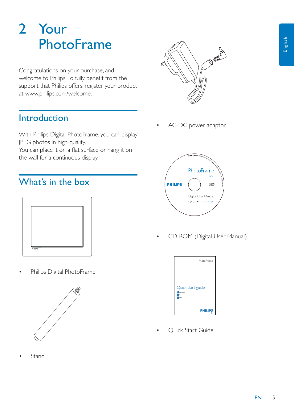2 your photoframe, Introduction, What’s in the box | Philips SPF2047 User Manual | Page 6 / 37