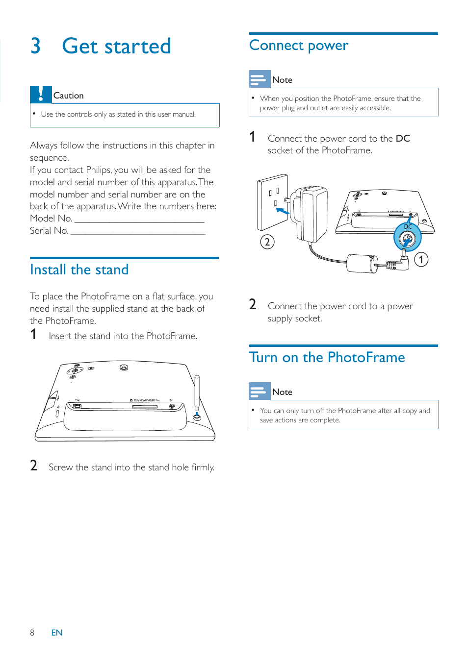 3 get started, Install the stand, Connect power | Turn on the photoframe | Philips SPF2047 User Manual | Page 9 / 37