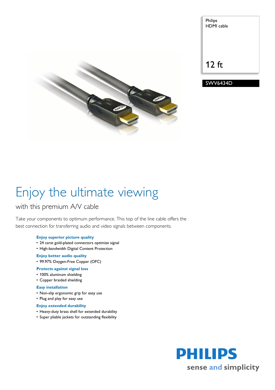 Philips HDMI Cable SWV6434D User Manual | 2 pages