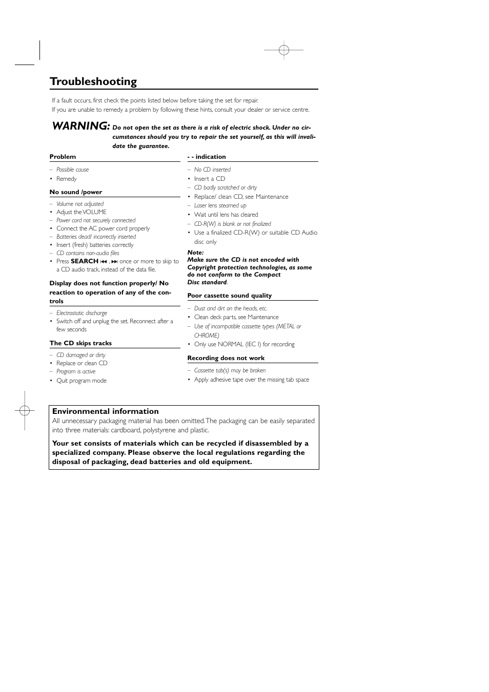 Troubleshooting, Warning | Philips AZ1006CD User Manual | Page 10 / 15