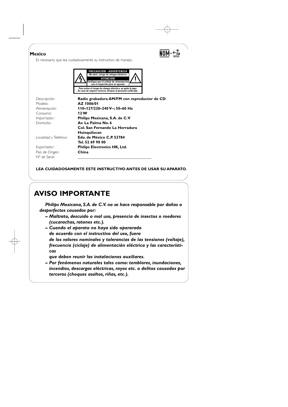 Aviso importante, Mexico | Philips AZ1006CD User Manual | Page 2 / 15