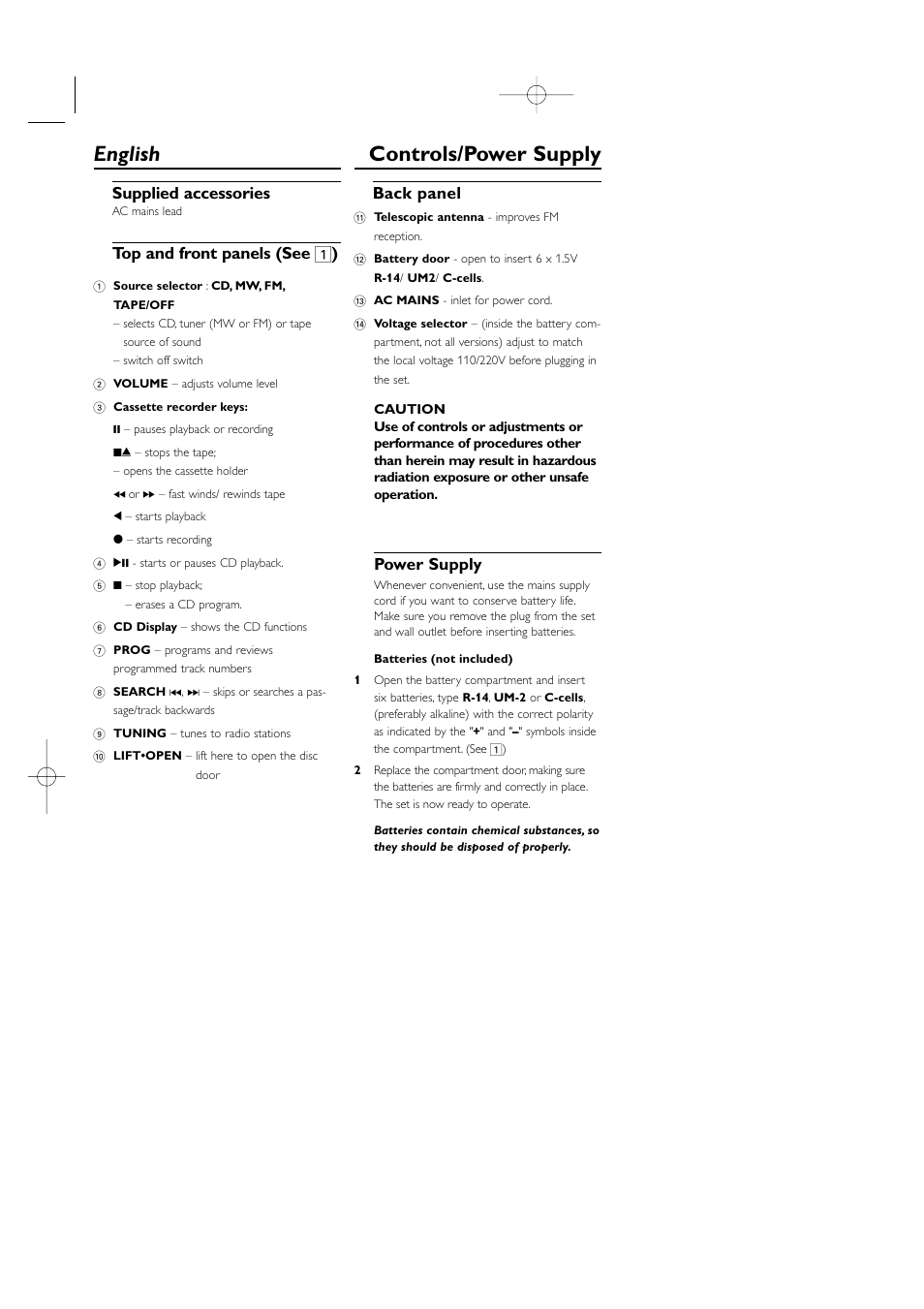 English controls/power supply, Supplied accessories, Top and front panels (see 1 ) | Back panel, Power supply | Philips AZ1006CD User Manual | Page 5 / 15