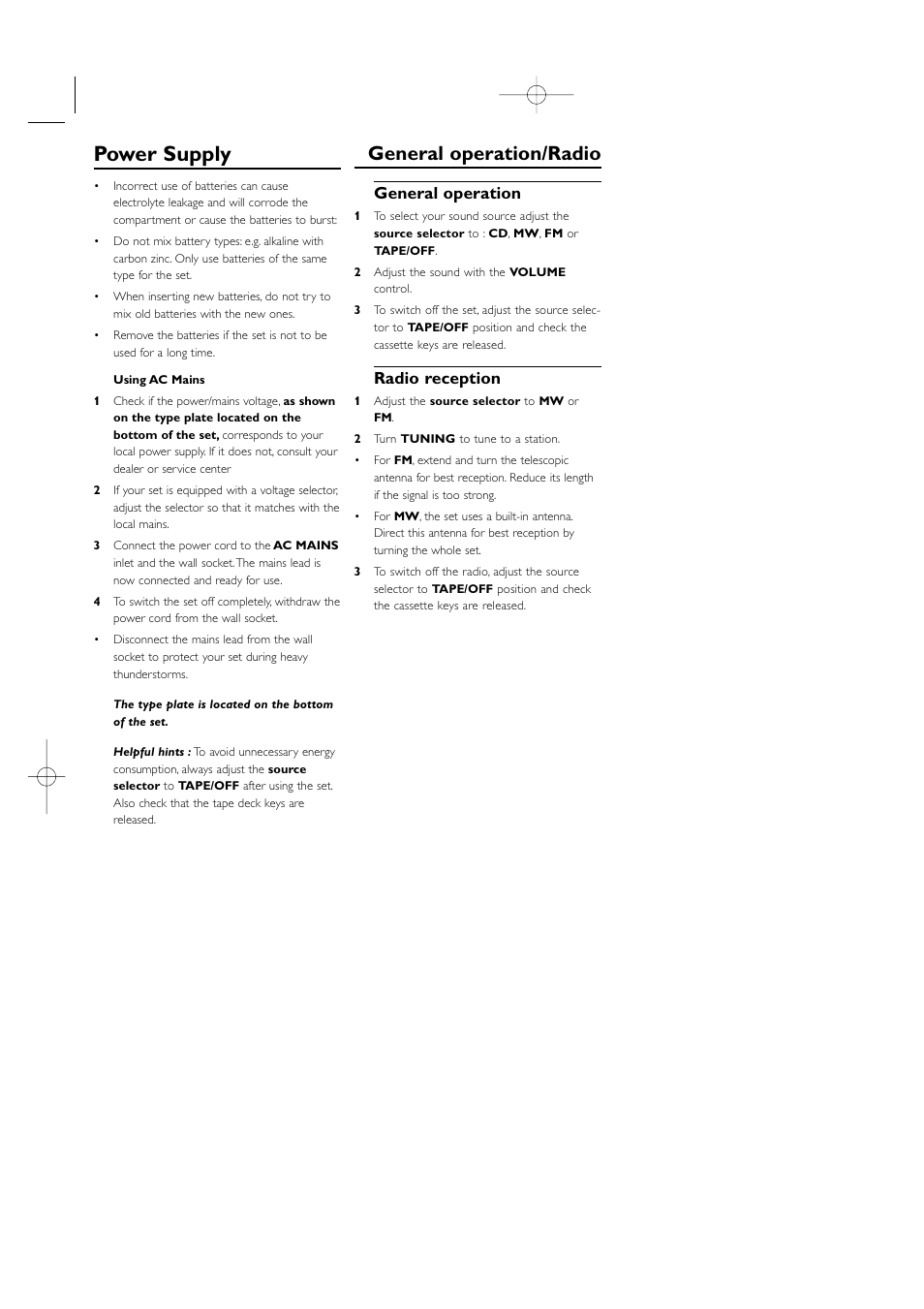 Power supply, General operation/radio, General operation | Radio reception | Philips AZ1006CD User Manual | Page 6 / 15