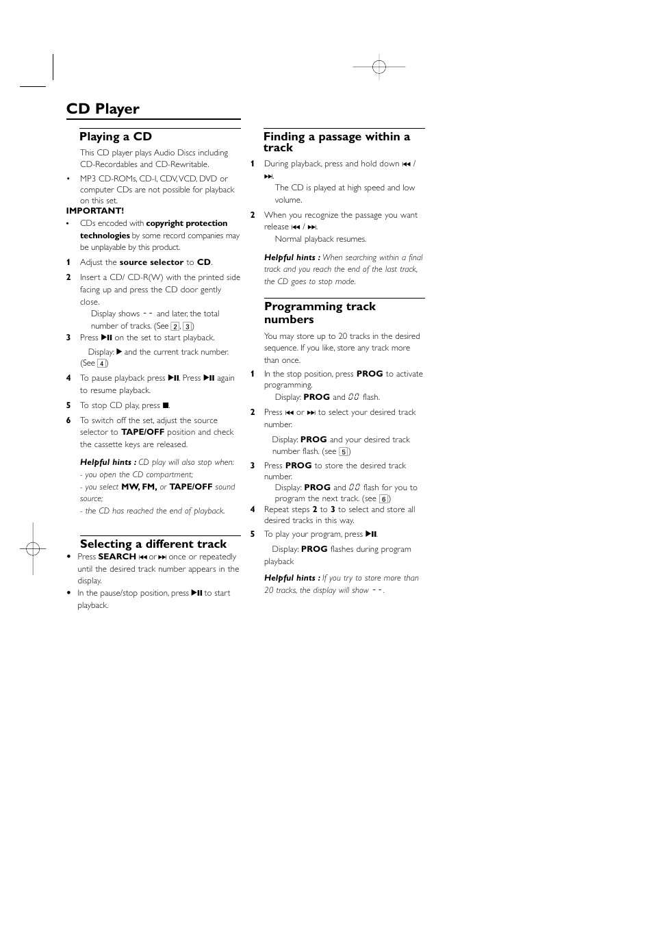 Cd player, Playing a cd, Selecting a different track | Finding a passage within a track, Programming track numbers | Philips AZ1006CD User Manual | Page 7 / 15