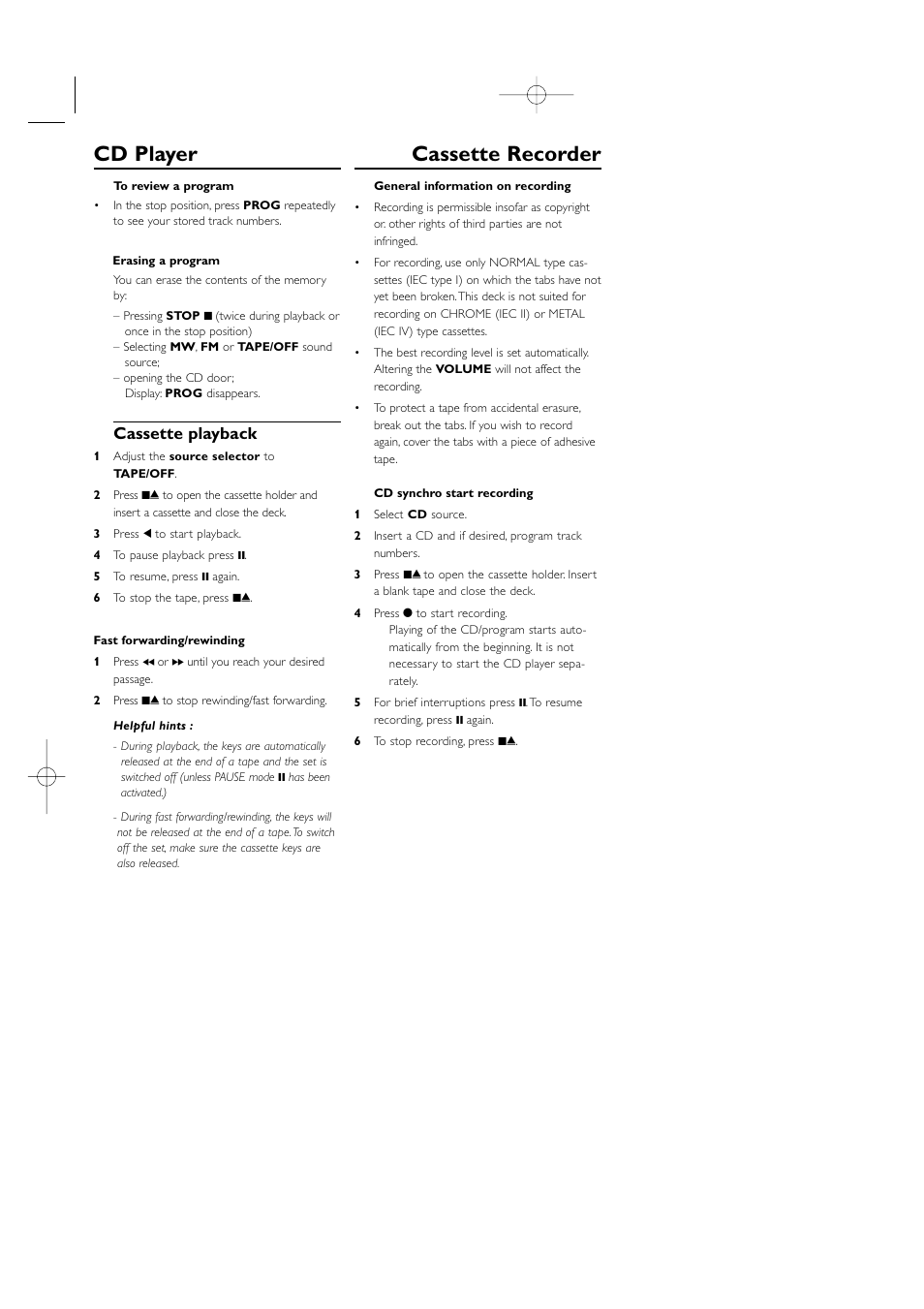 Cd player cassette recorder, Cassette playback | Philips AZ1006CD User Manual | Page 8 / 15