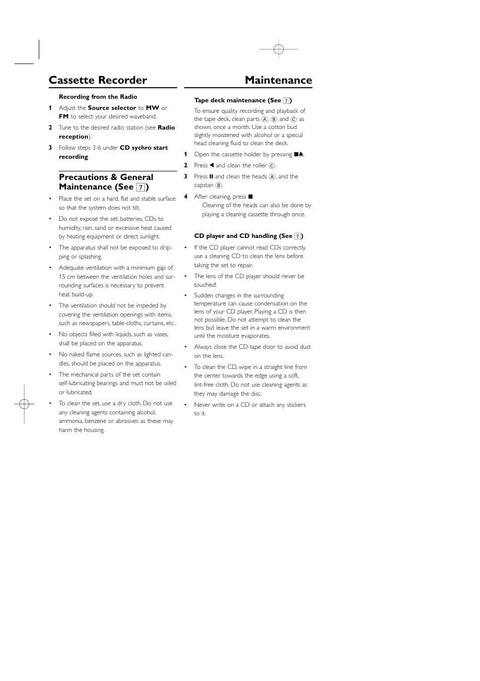 Cassette recorder maintenance, Precautions & general maintenance (see 7 ) | Philips AZ1006CD User Manual | Page 9 / 15