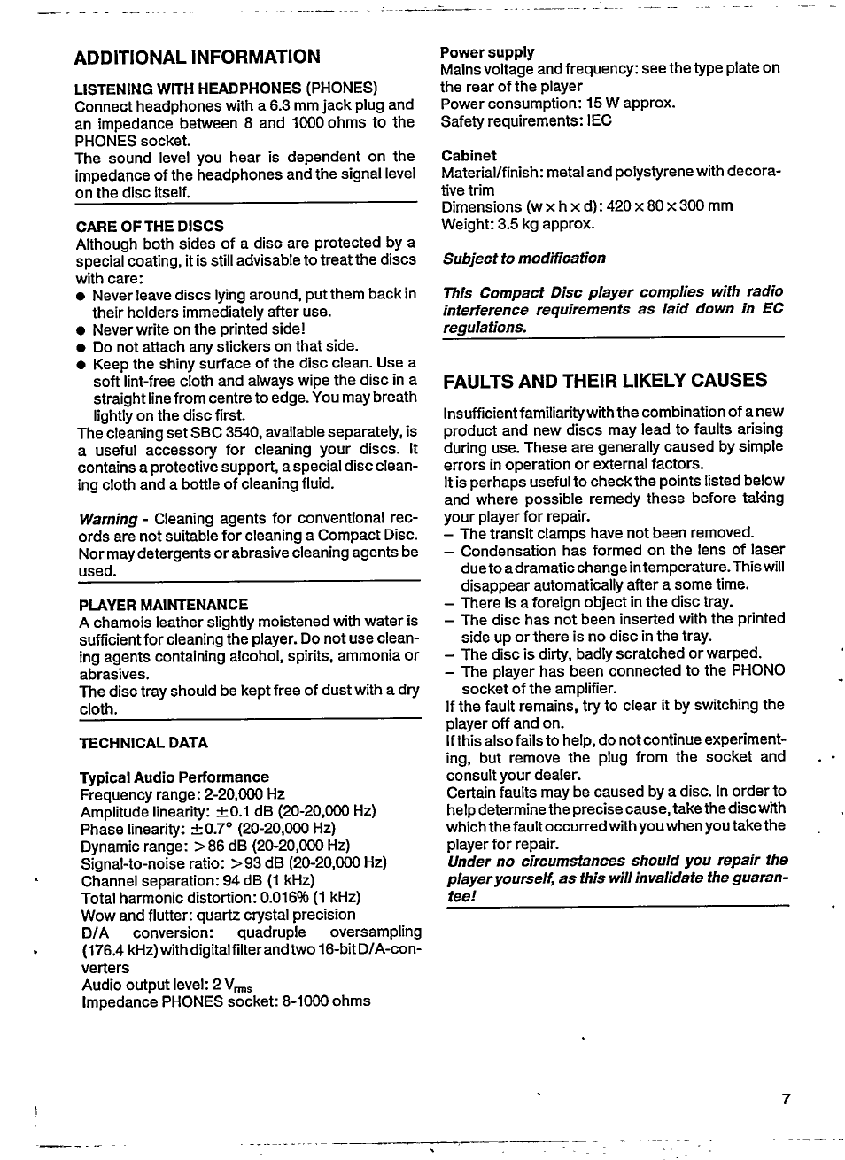 Additional information, Faults and their likely causes | Philips CD 48 User Manual | Page 7 / 10