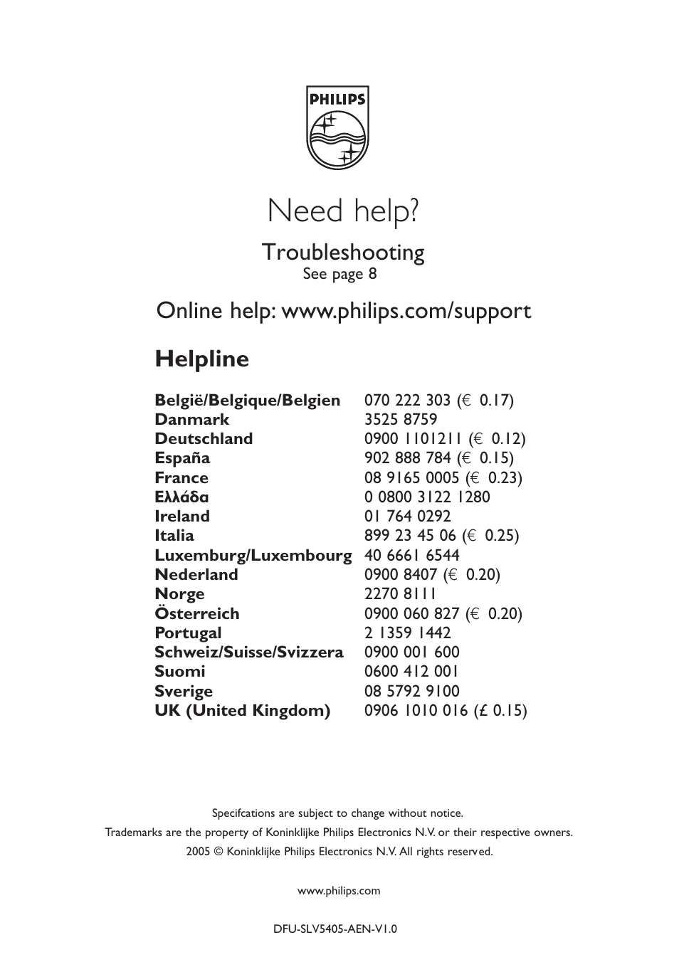 Need help, Helpline, Troubleshooting | Philips SLV5405 User Manual | Page 13 / 13