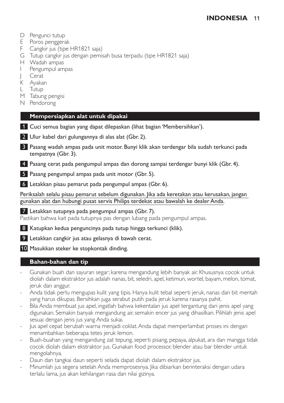 Mempersiapkan alat untuk dipakai, Bahan-bahan dan tip | Philips HR1821 User Manual | Page 11 / 44