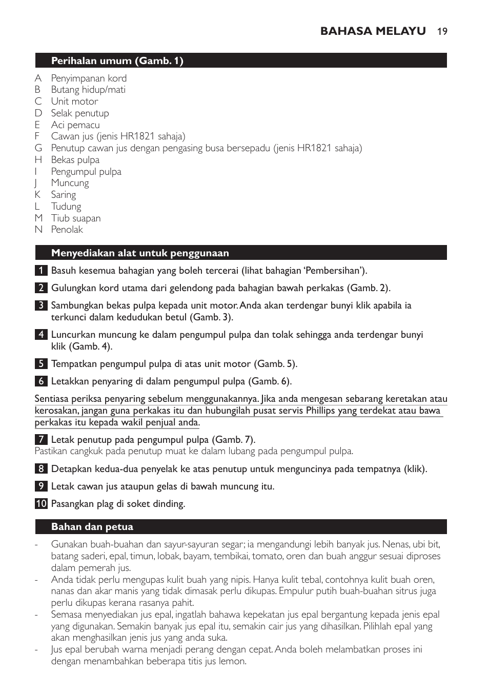 Menyediakan alat untuk penggunaan, Bahan dan petua | Philips HR1821 User Manual | Page 19 / 44