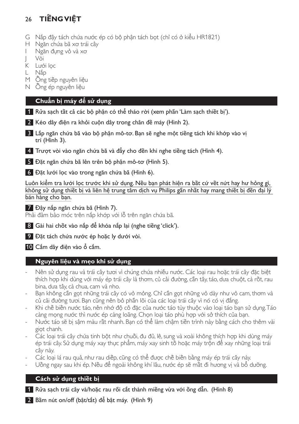 Chuẩn bị máy để sử dụng, Nguyên liệu và mẹo khi sử dụng, Cách sử dụng thiết bị | Philips HR1821 User Manual | Page 26 / 44