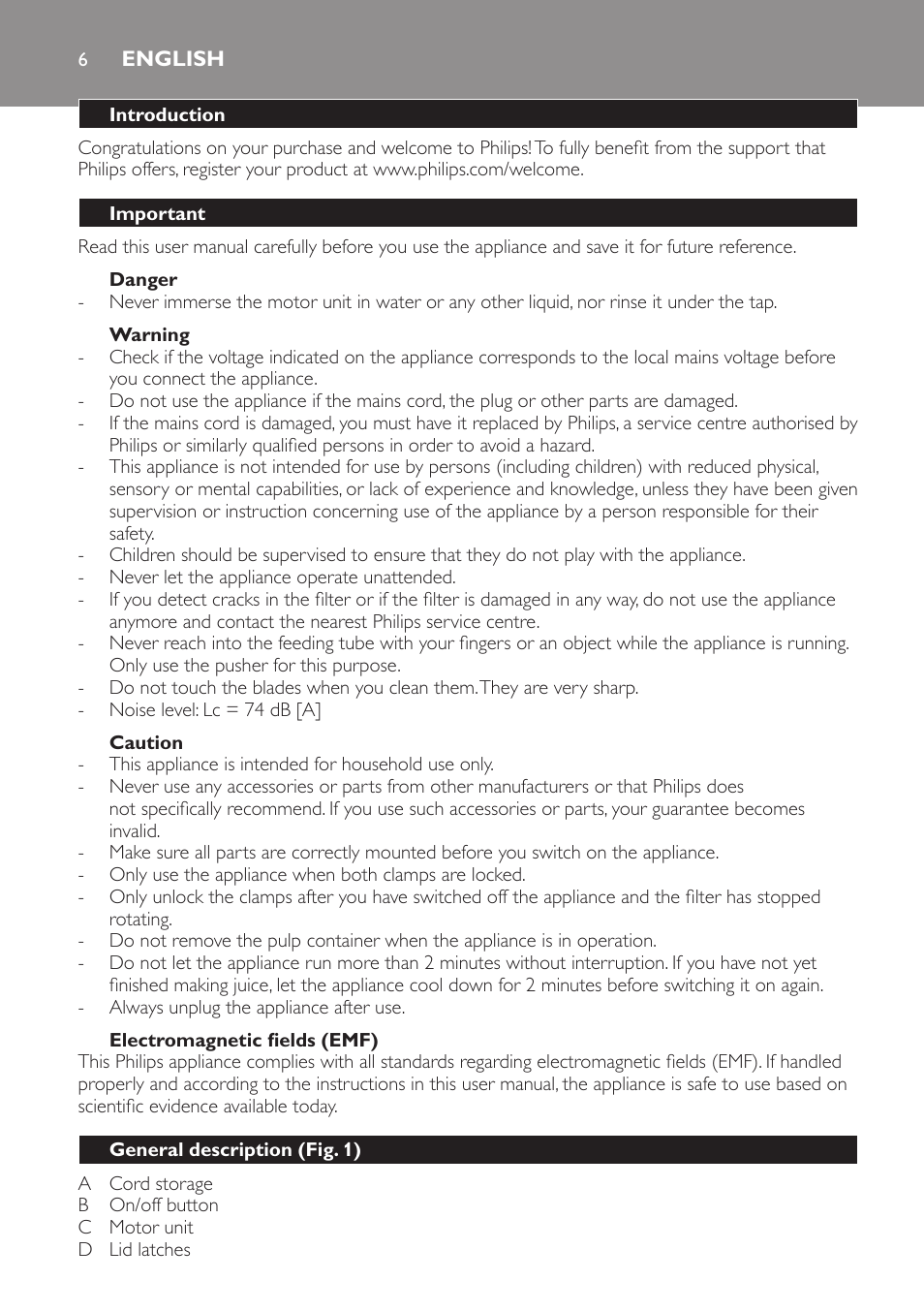 English, Introduction, Important | Danger, Warning, Caution, Electromagnetic fields (emf), General description (fig. 1) | Philips HR1821 User Manual | Page 6 / 44