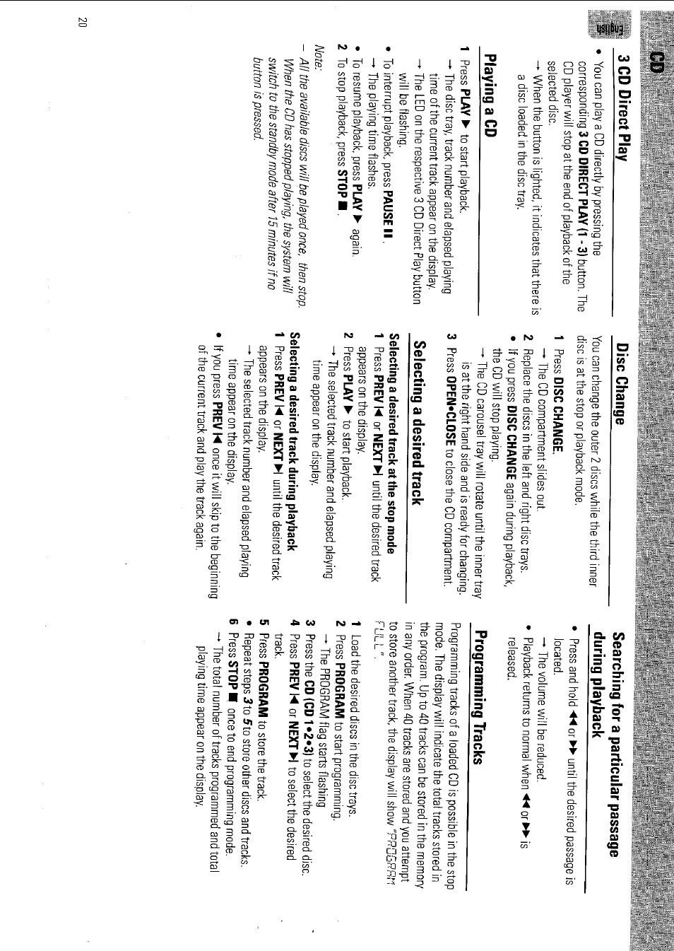 3 cd direct play, Disc change, Playing a cd | Selecting a desired track, Searching for a particular passage during playback, Programming tracks | Philips FW 795W/37 User Manual | Page 20 / 88