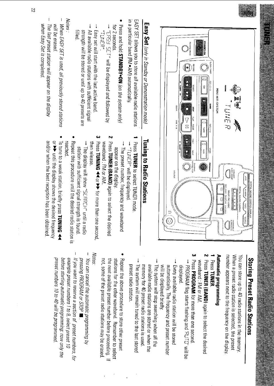 Tuner, Tuning to radio stations, Storing preset radio stations | Tuner -23 | Philips FW 795W/37 User Manual | Page 22 / 88