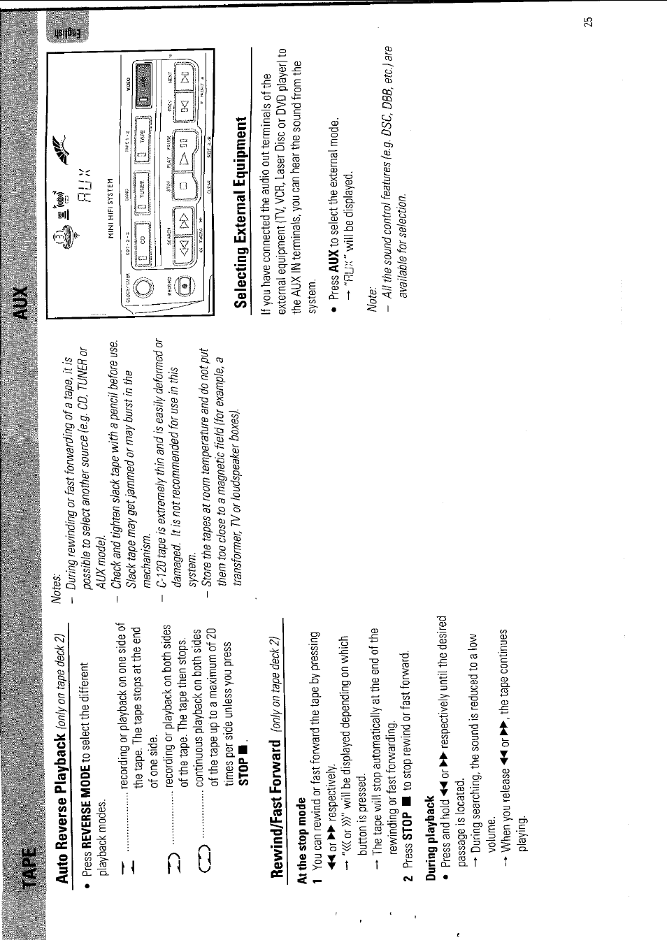 Vuto reverse playback lonly on tape deck 2), Selecting external equipment | Philips FW 795W/37 User Manual | Page 25 / 88