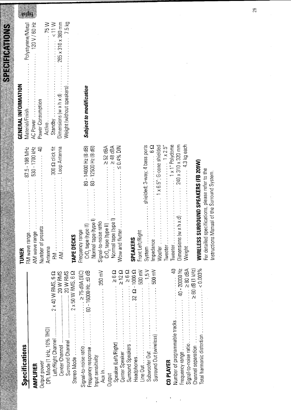 Specifications | Philips FW 795W/37 User Manual | Page 29 / 88