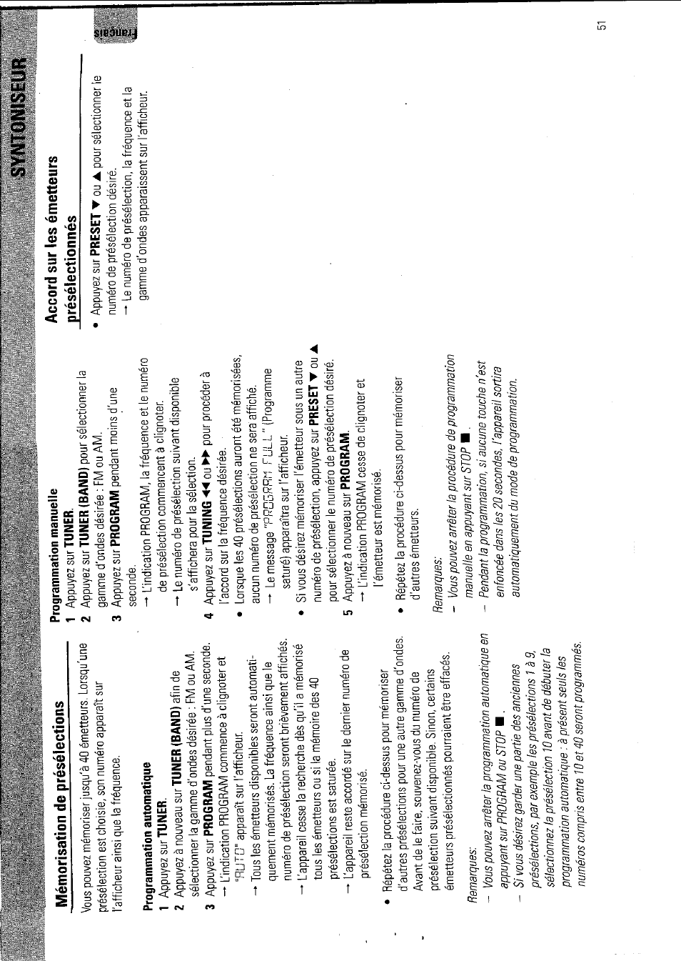 Syntoniseur, Mémorisation de présélections, Accord sur les émetteurs présélectionnés | Philips FW 795W/37 User Manual | Page 51 / 88