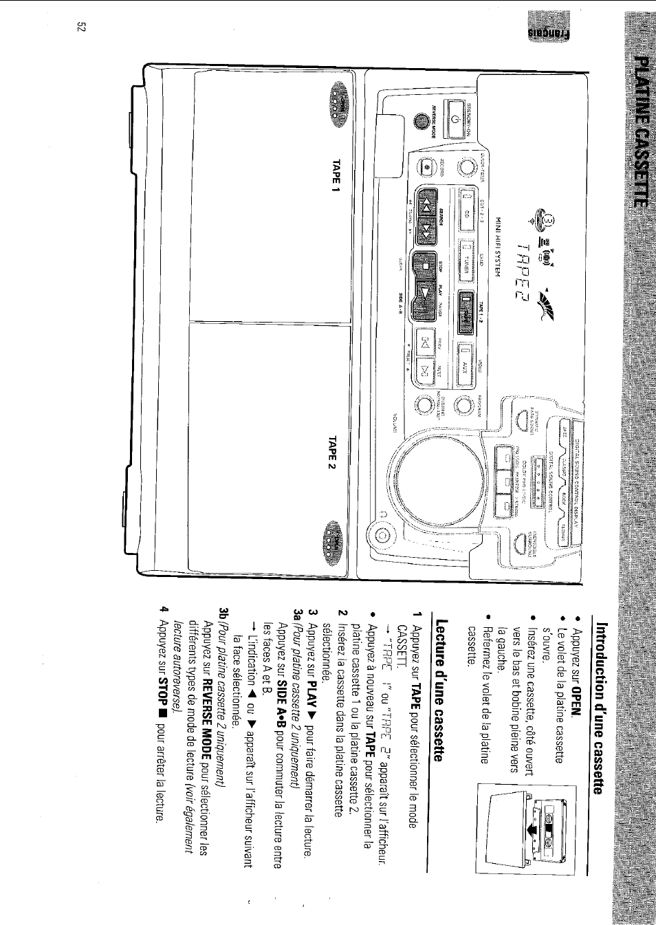 Platine cassette, Introduction d'une cassette, Lecture d'une cassette | Platine cassette -53 | Philips FW 795W/37 User Manual | Page 52 / 88