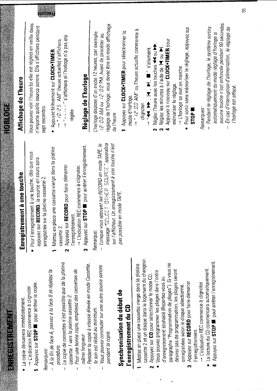 Enregistrement, Synchronisation du début de l'enregistrement du cd, Horloge | Affichage de l'heure, Réglage de l'horloge | Philips FW 795W/37 User Manual | Page 55 / 88