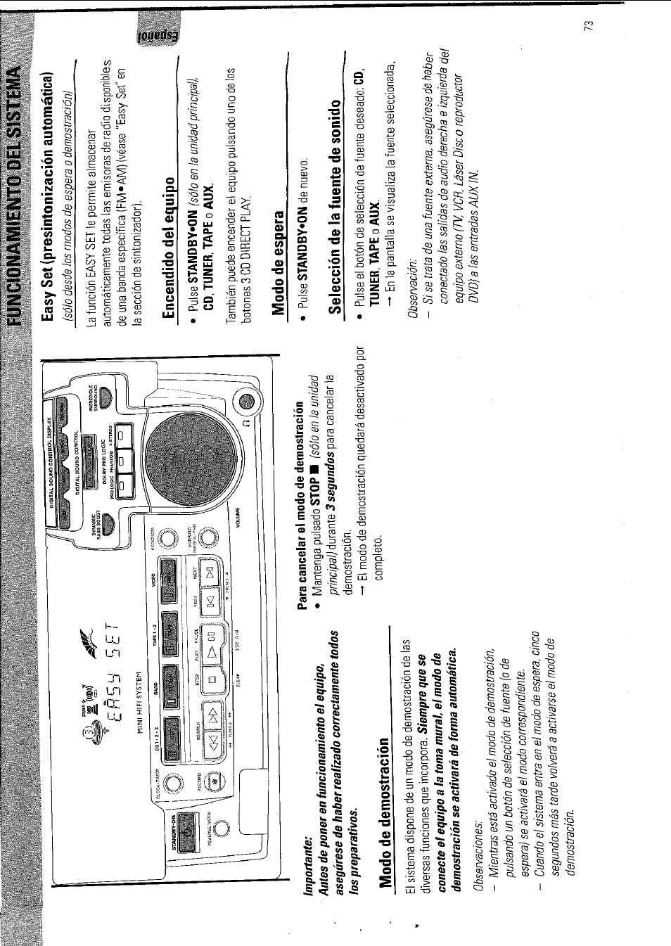 Funcionamiento oel sistema, S e t | Philips FW 795W/37 User Manual | Page 73 / 88